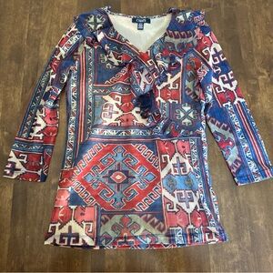 Chaps‎ Small Top Southwestern Tribal Aztec Boho Ruffles Y2K 00s Office Museum